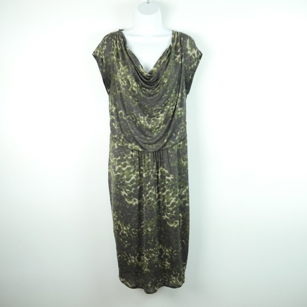 Max Mara Olive Green‎ Abstract Animal Print Cowl Neck Midi Dress Italy Size 40